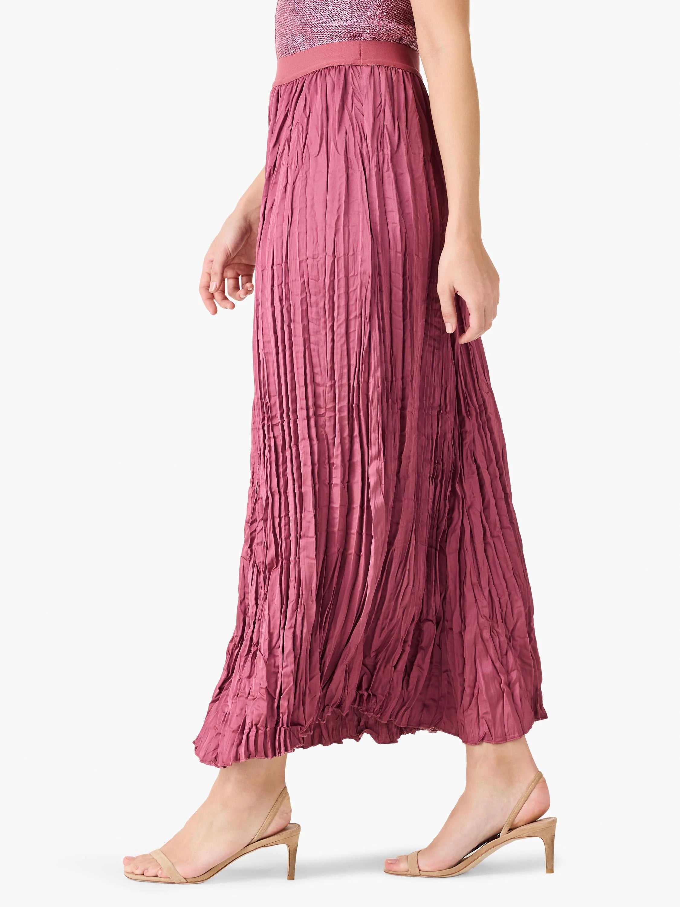 Mauve, maxi crinkle crush skirt with vertical texture.