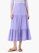 Lilac cotton tiered midi skirt with a button front.