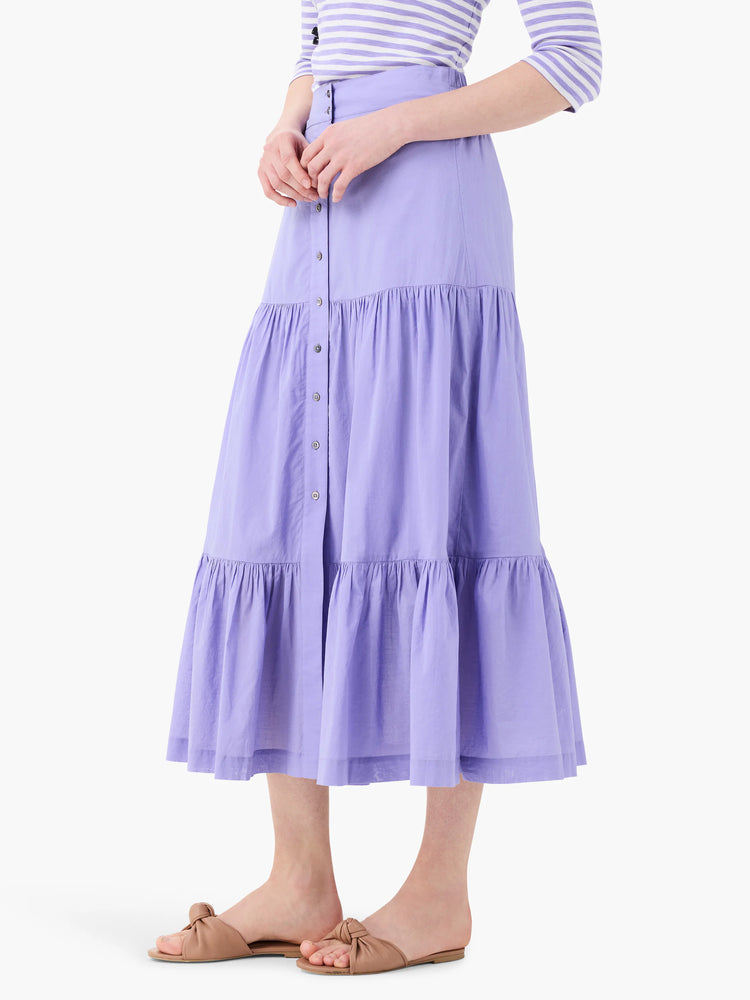 Lilac cotton tiered midi skirt with button front.  Three tiers.