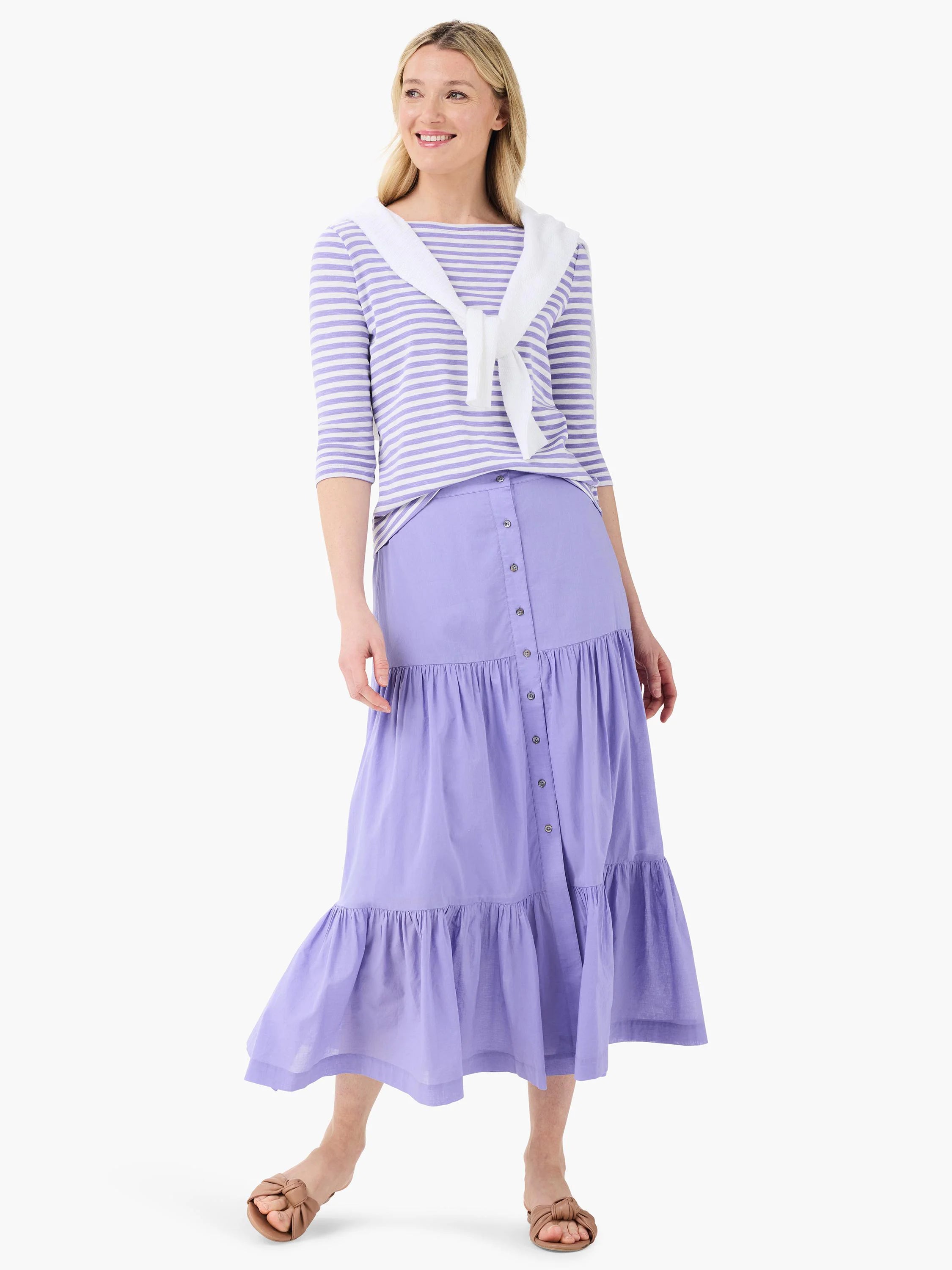 Lilac cotton tiered midi skirt with a button front.  Three tiers.