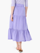 Lilac cotton tiered midi skirt with an elastic waistband.  Three tiers.