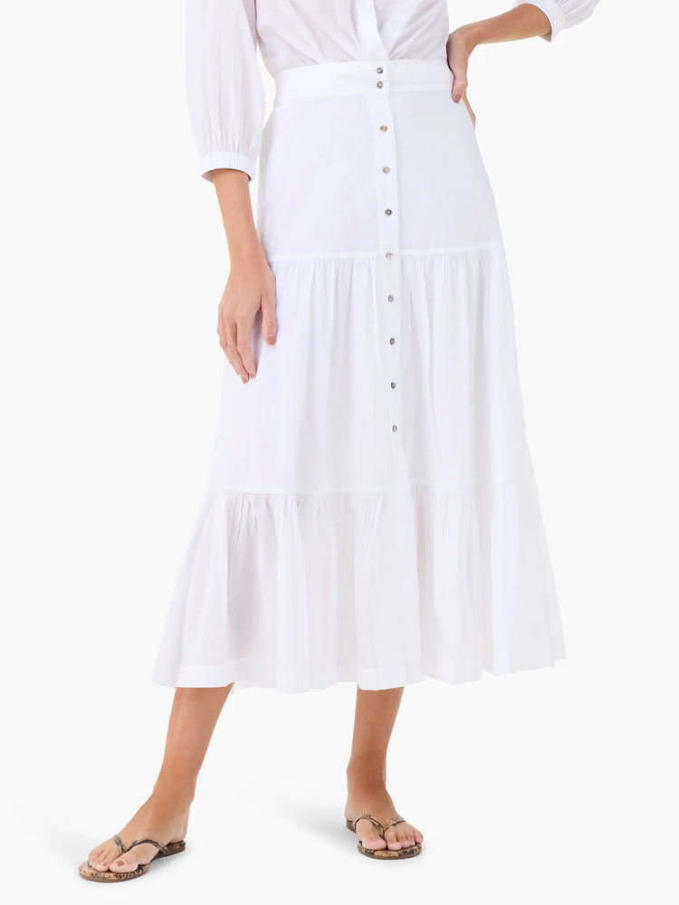 White cotton tiered midi skirt with a button front.  Features a fitted waist and multiple ruffles.