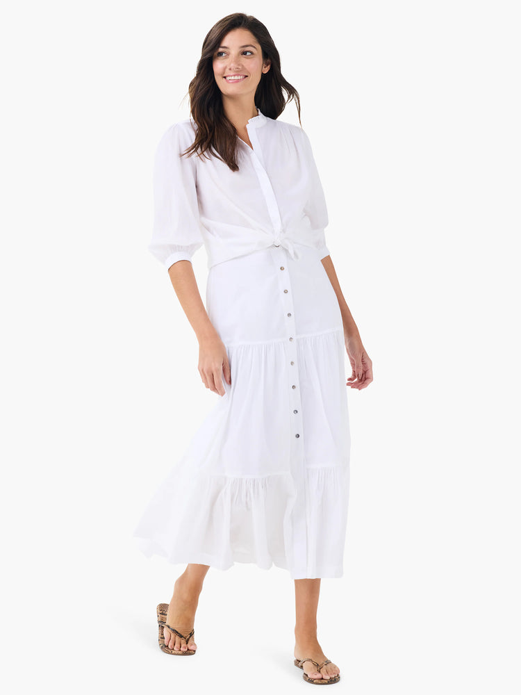 White cotton tiered midi skirt with button front.  Multiple tiers.