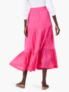 Pink cotton tiered midi skirt; multiple ruffles.  Elastic waistband.