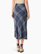 Midi-length skirt, blue, gray, and white plaid pattern, A-line silhouette.