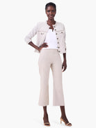 Light beige wide-leg crop pants with a smooth finish, featuring vertical seams and hitting above the ankle.
