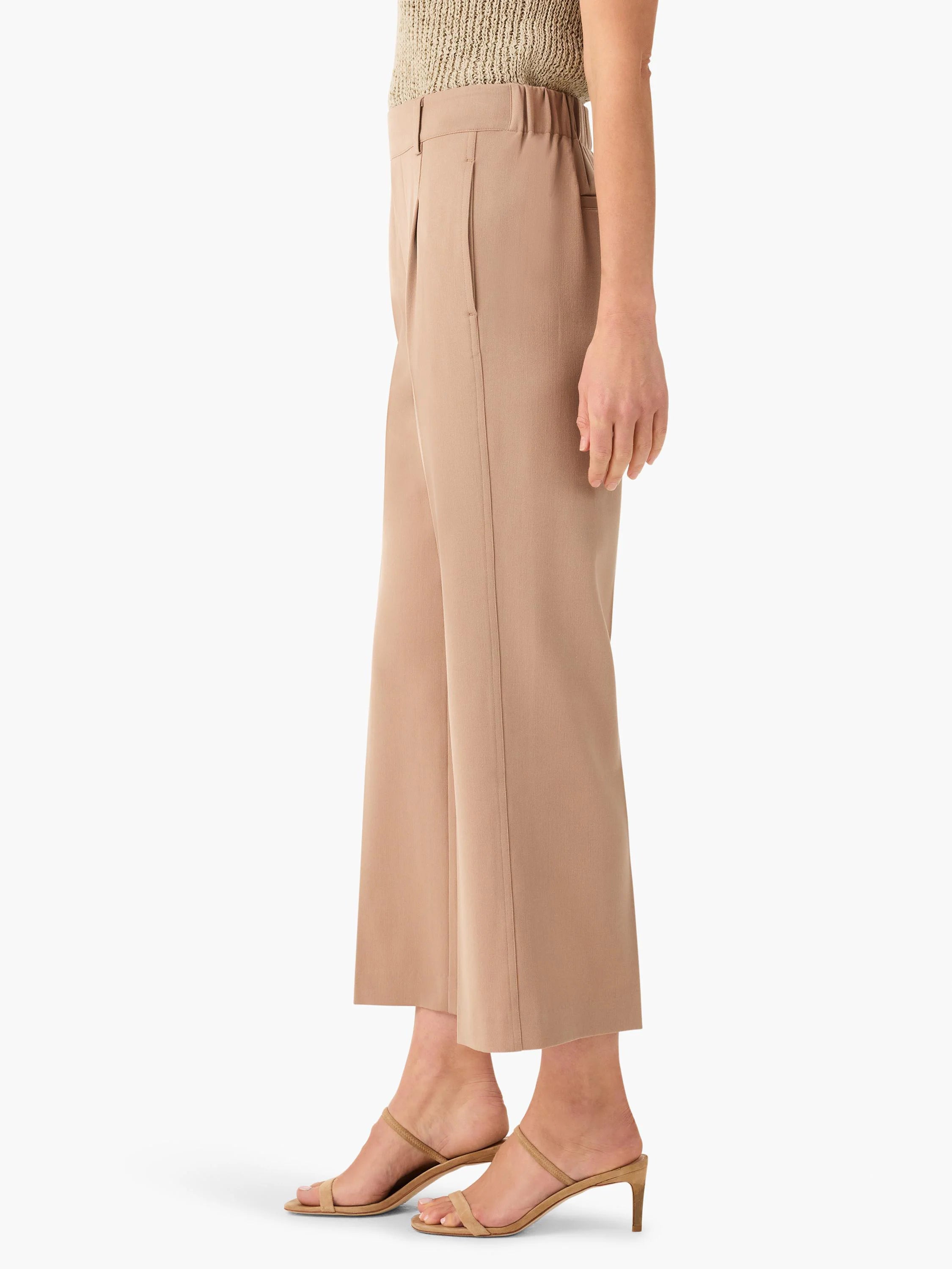 Here's alt text under 125 characters:

Light brown wide-leg cropped trousers;  straight,  ankle-length.  Side view.