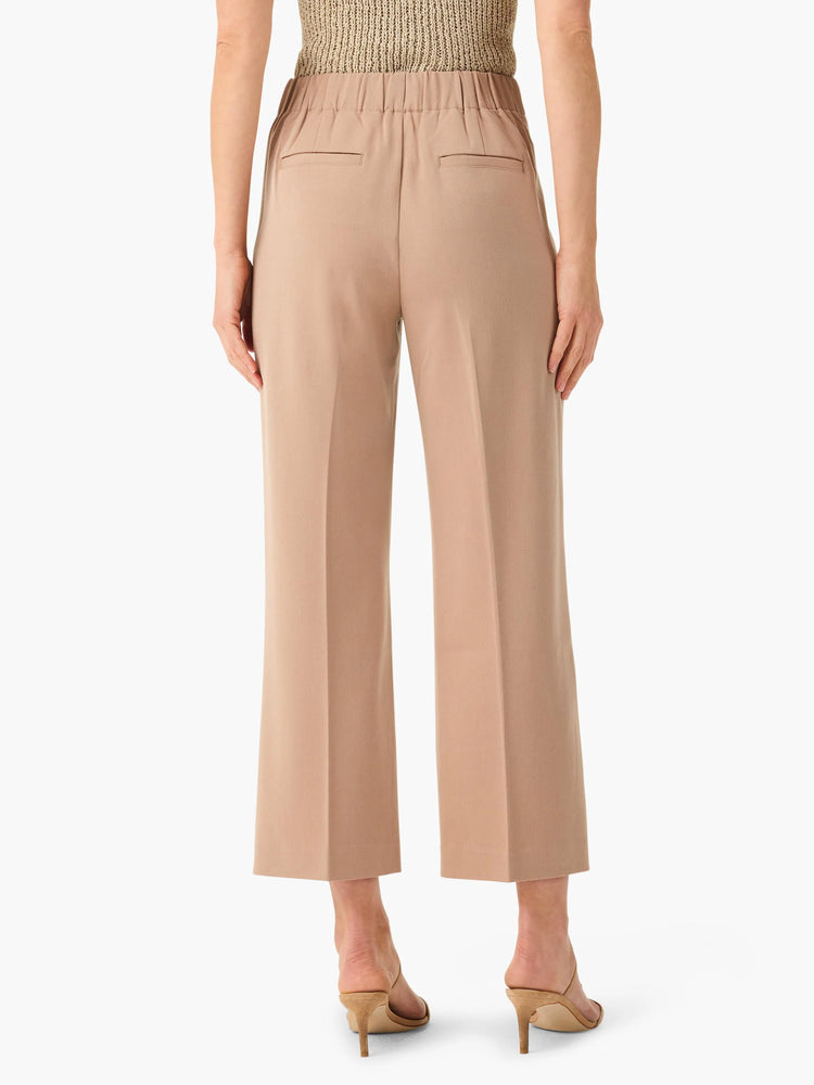 Beige wide-leg cropped trousers;  elastic waistband, back pockets.