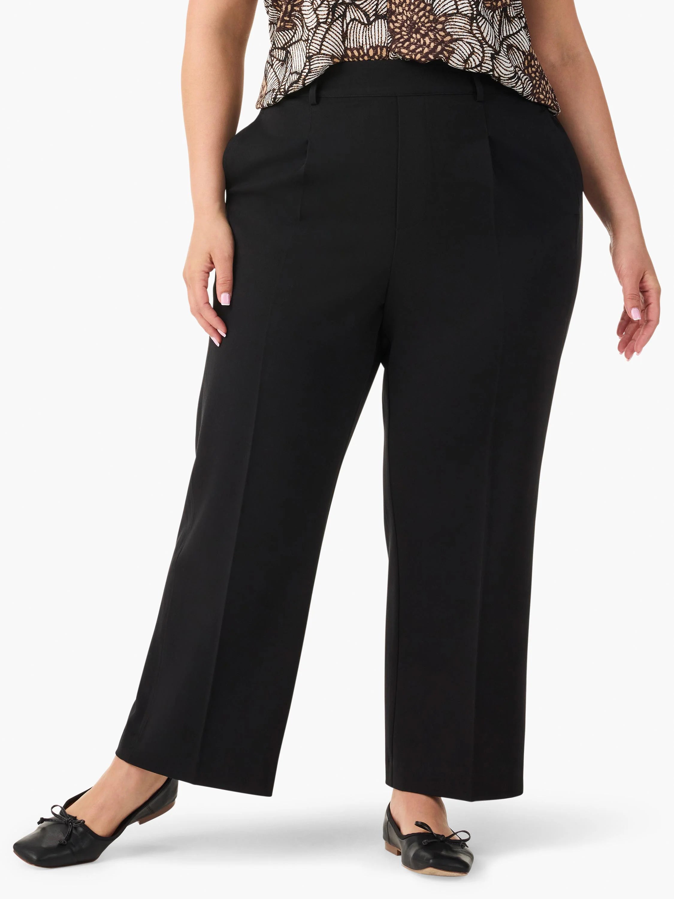 Black wide-leg cropped trousers;  high-waisted with pleats.