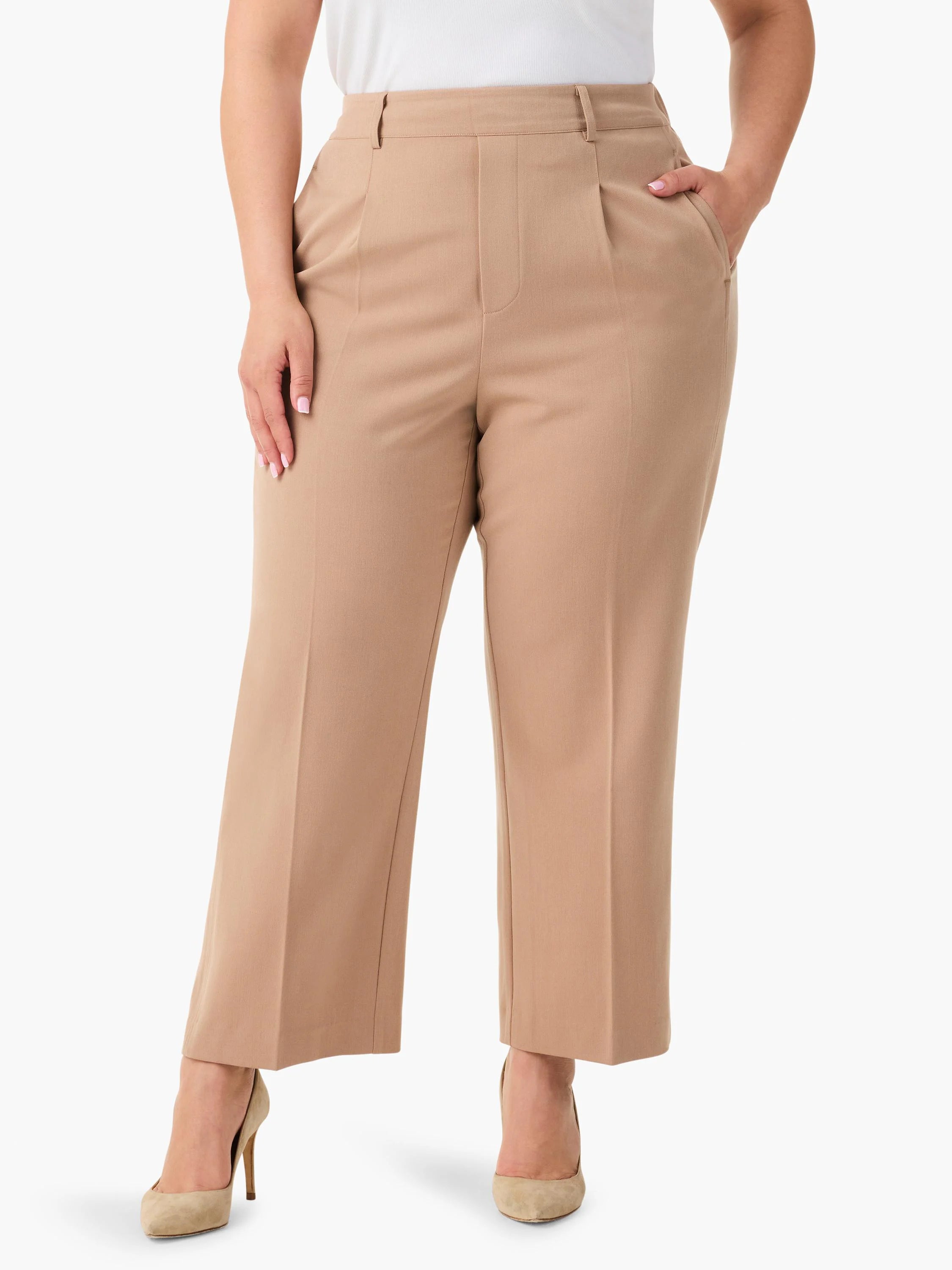 Beige wide-leg cropped trousers with pockets;  model wears beige heels.