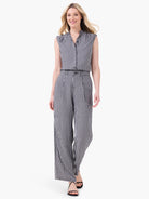 Black and white gingham wide-leg pants;  model wearing them.