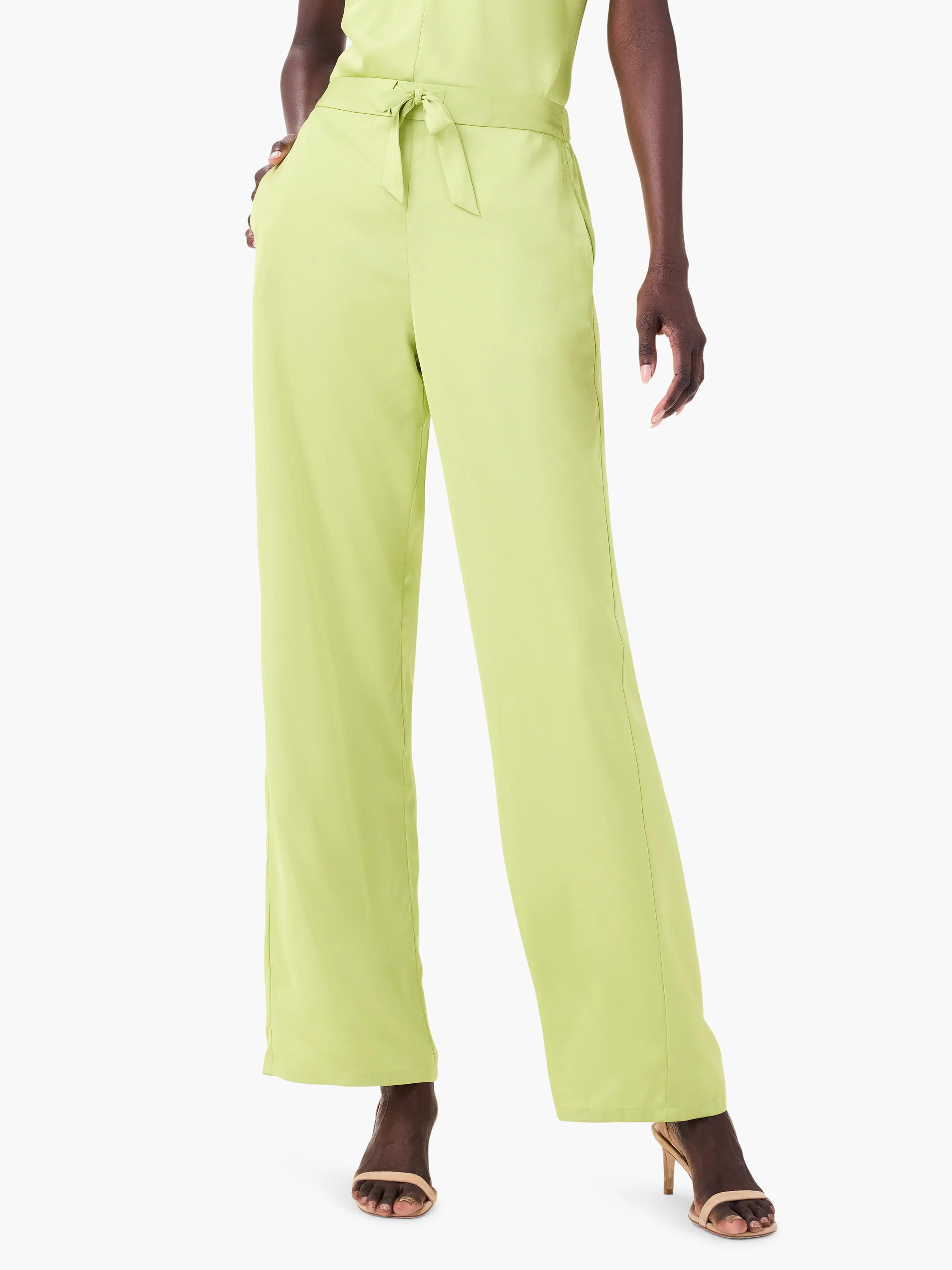 Lime green wide-leg pants with a self-tie waist.