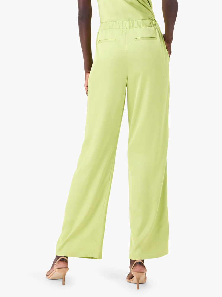 Here's alt text that meets the requirements:

"Lime green wide-leg pants;  elastic waistband, back pockets.