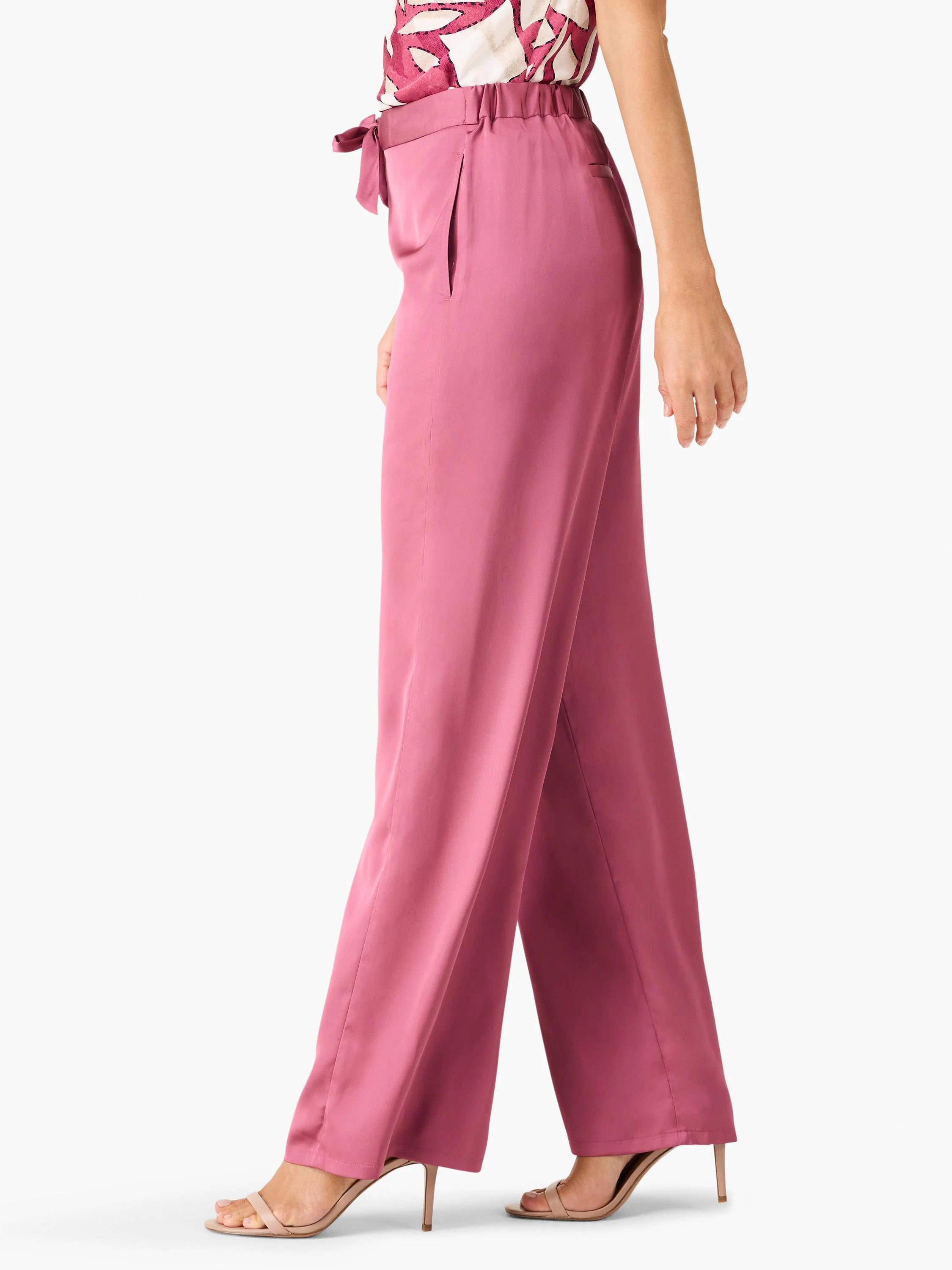 Dusty rose wide-leg pants with a self-tie waist.  Features pockets.