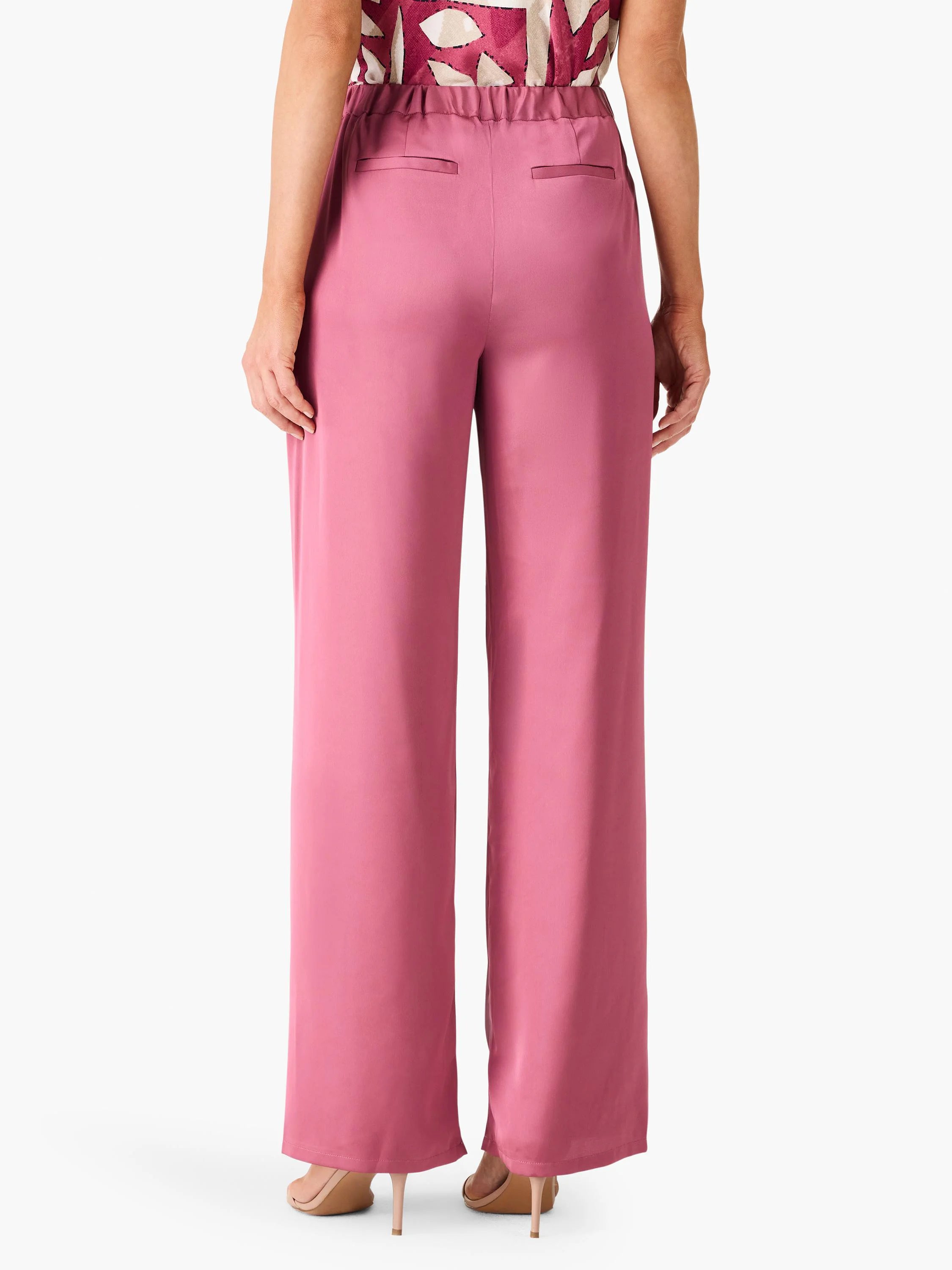 Dusty rose wide-leg pants;  elastic waistband,  back pockets.