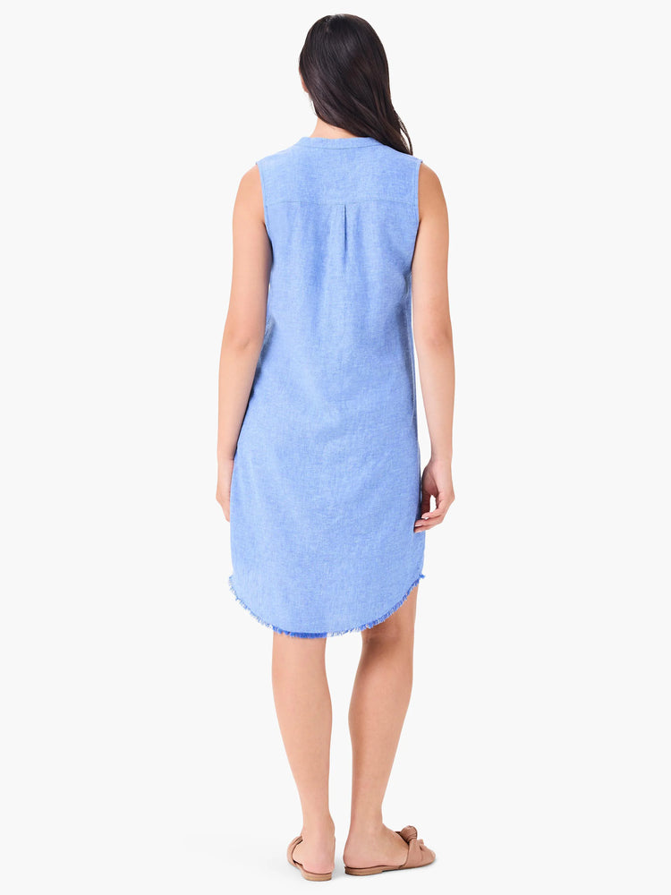Here's alt text that meets the requirements:

"Light blue linen sleeveless shirt dress, uneven hemline.