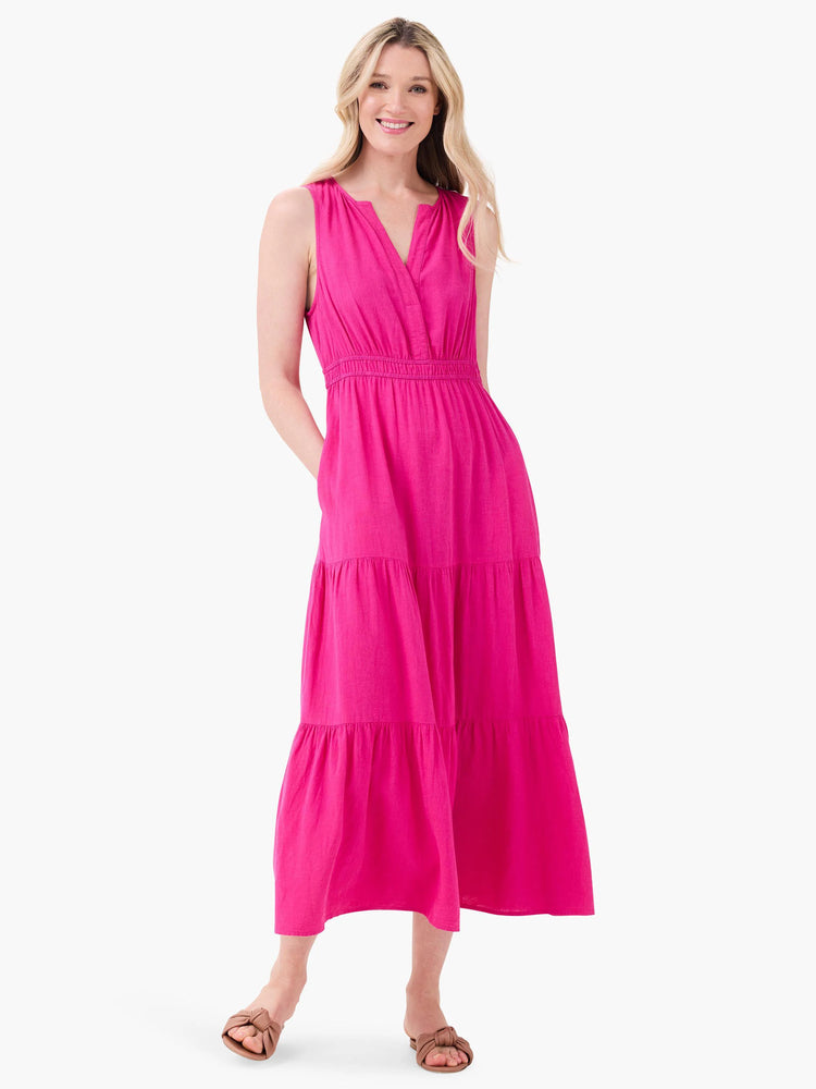 Pink sleeveless midi dress with tiered skirt and V-neck.  Elastic waist.