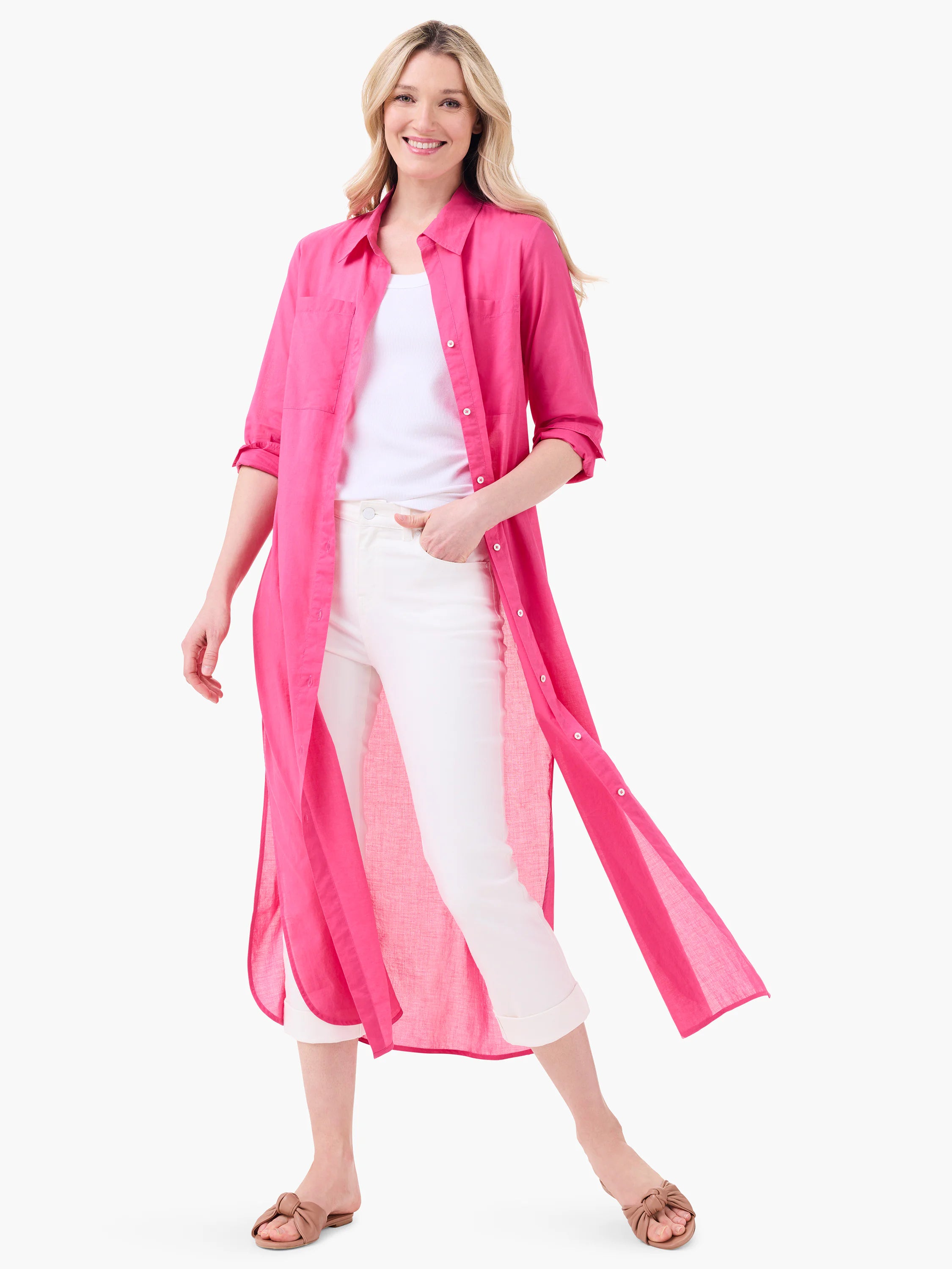 Hot pink, knee-length tunic shirt;  long sleeves, button front,  two chest pockets.
