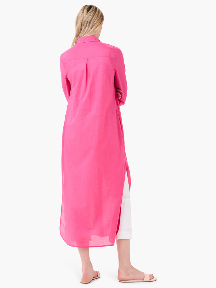 Here's alt text for the image, under 125 characters:

Pink, long-sleeved cotton tunic;  back view shows  a shirttail hem...