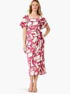 Midi dress, burgundy and beige geometric print. Square neckline, short flutter sleeves, tie waist.