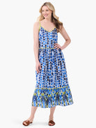 Midi dress, blue, white, and lime green brushstroke pattern.  Sleeveless, V-neck, tiered skirt.