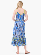 Blue, white, and lime green patterned midi dress with thin straps.  A tiered, ruffled hemline.