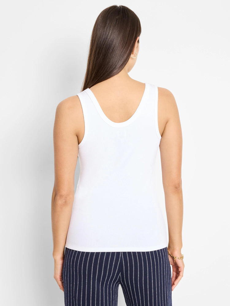 White ribbed sleeveless tank top with a subtle shimmer trim at the neckline.  Back view.