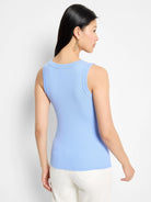 Light blue, fitted ribbed knit scoop tank top.