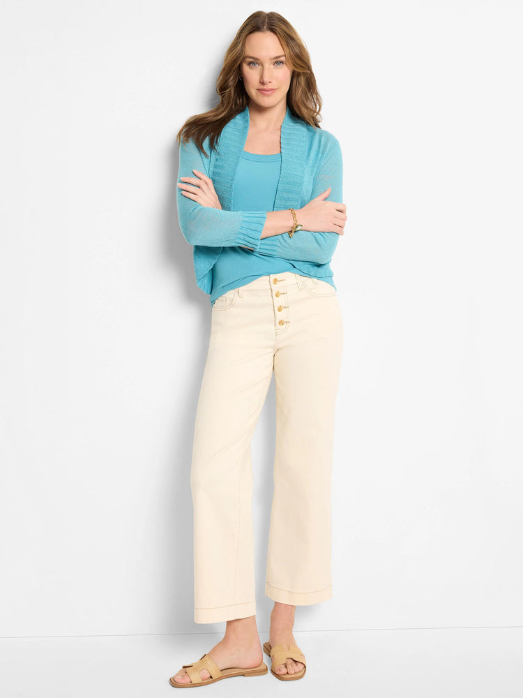 Aqua blue ribbed scoop neck tank top worn by a model.