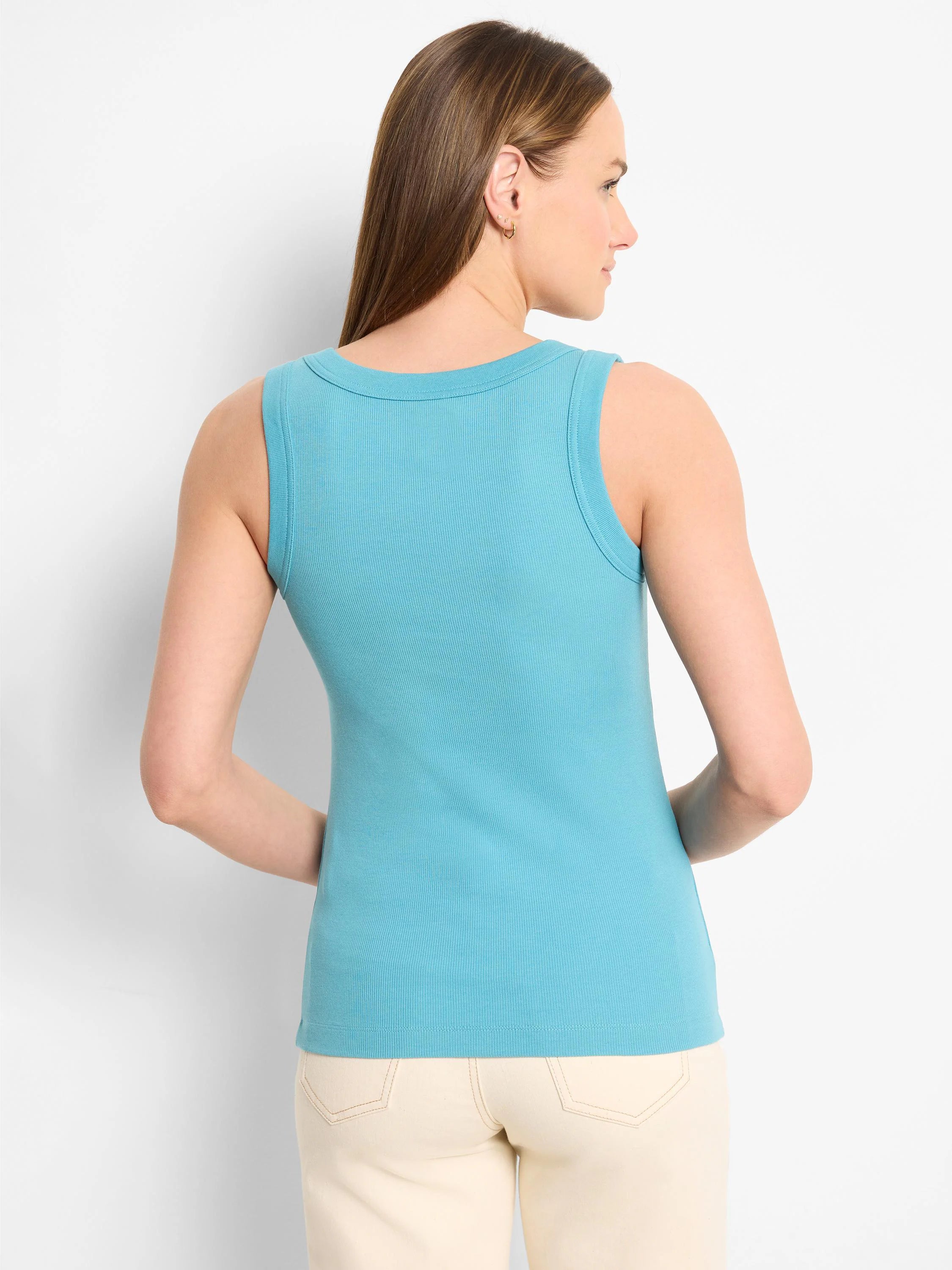 Aqua blue rib knit scoop tank, fitted, with a fine vertical ribbed texture. Back view on model.