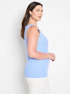 Light blue ribbed knit scoop tank top. Fitted, with visible vertical ribs.
