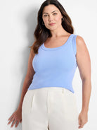 Light blue ribbed knit scoop tank, shown on a model.
