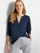 Navy blue, textured knit top.  V-neck, 3/4 sleeves.
