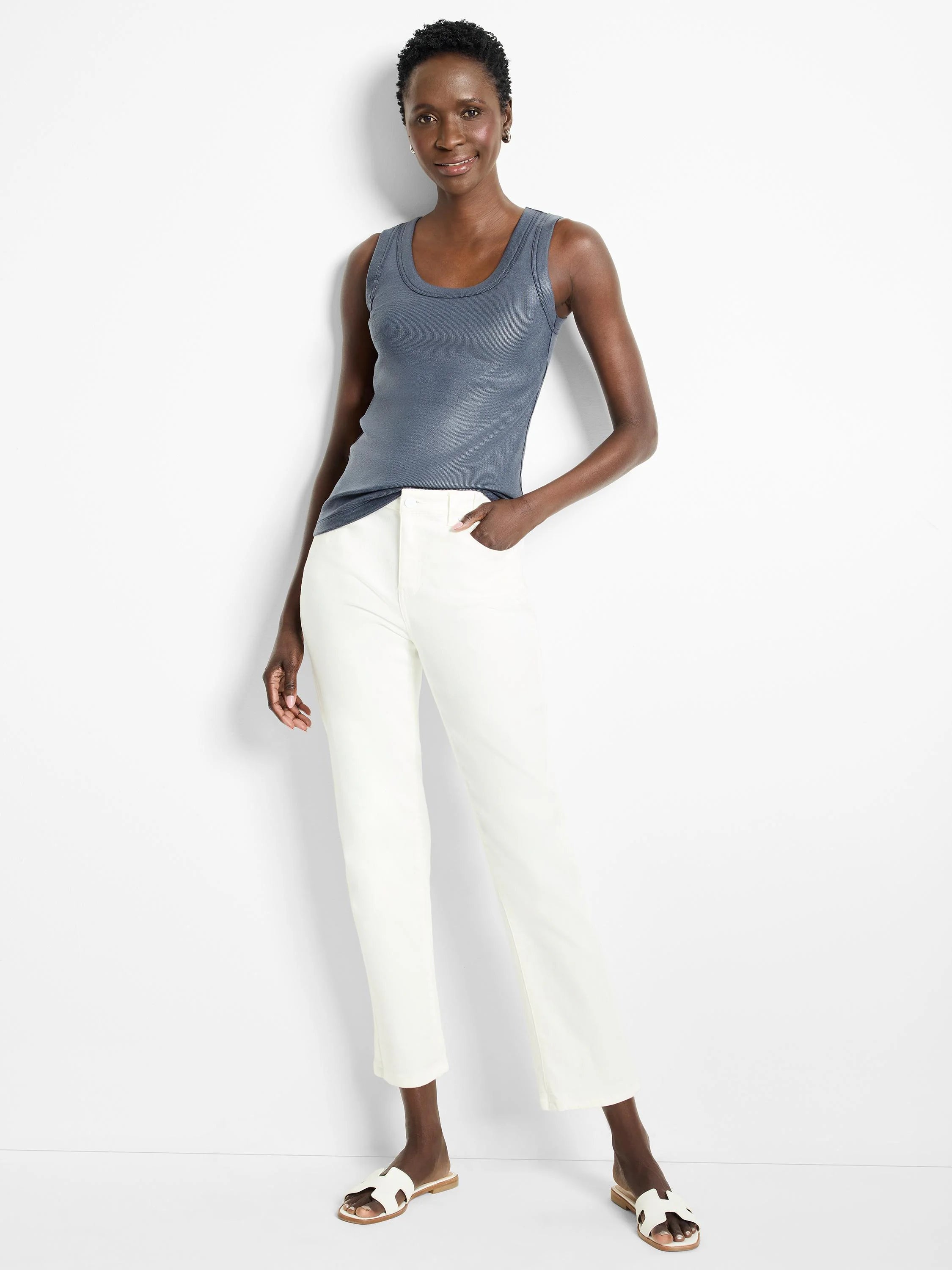 Glazed slate blue ribbed tank top with scoop neck.