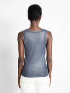 Back view of a charcoal grey ribbed tank top with a glazed finish.