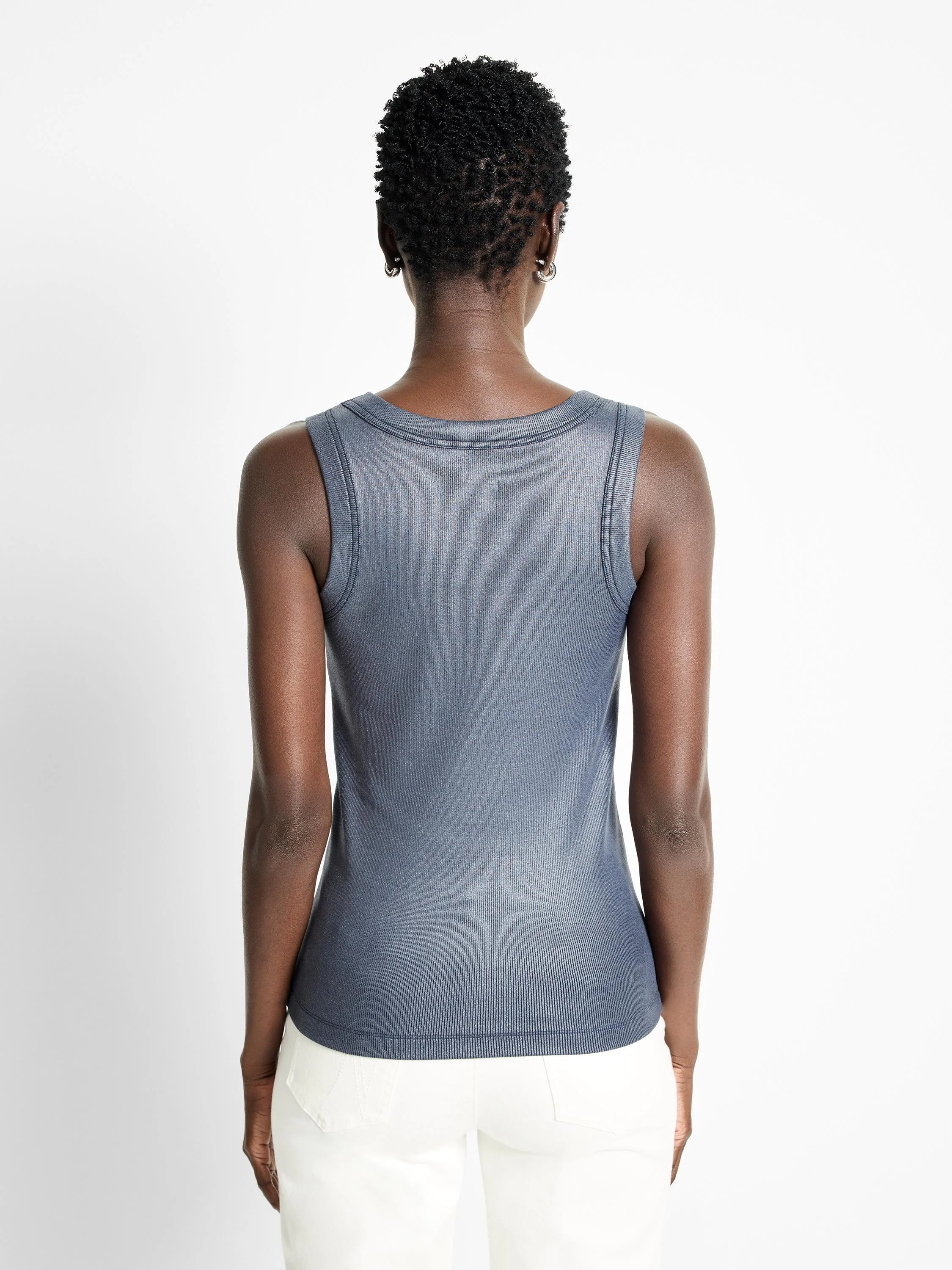 Back view of a charcoal grey ribbed tank top with a glazed finish.