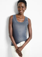 Charcoal grey ribbed tank top with a slight sheen, scoop neck.