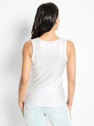 Shimmery silver ribbed tank top, sleeveless.