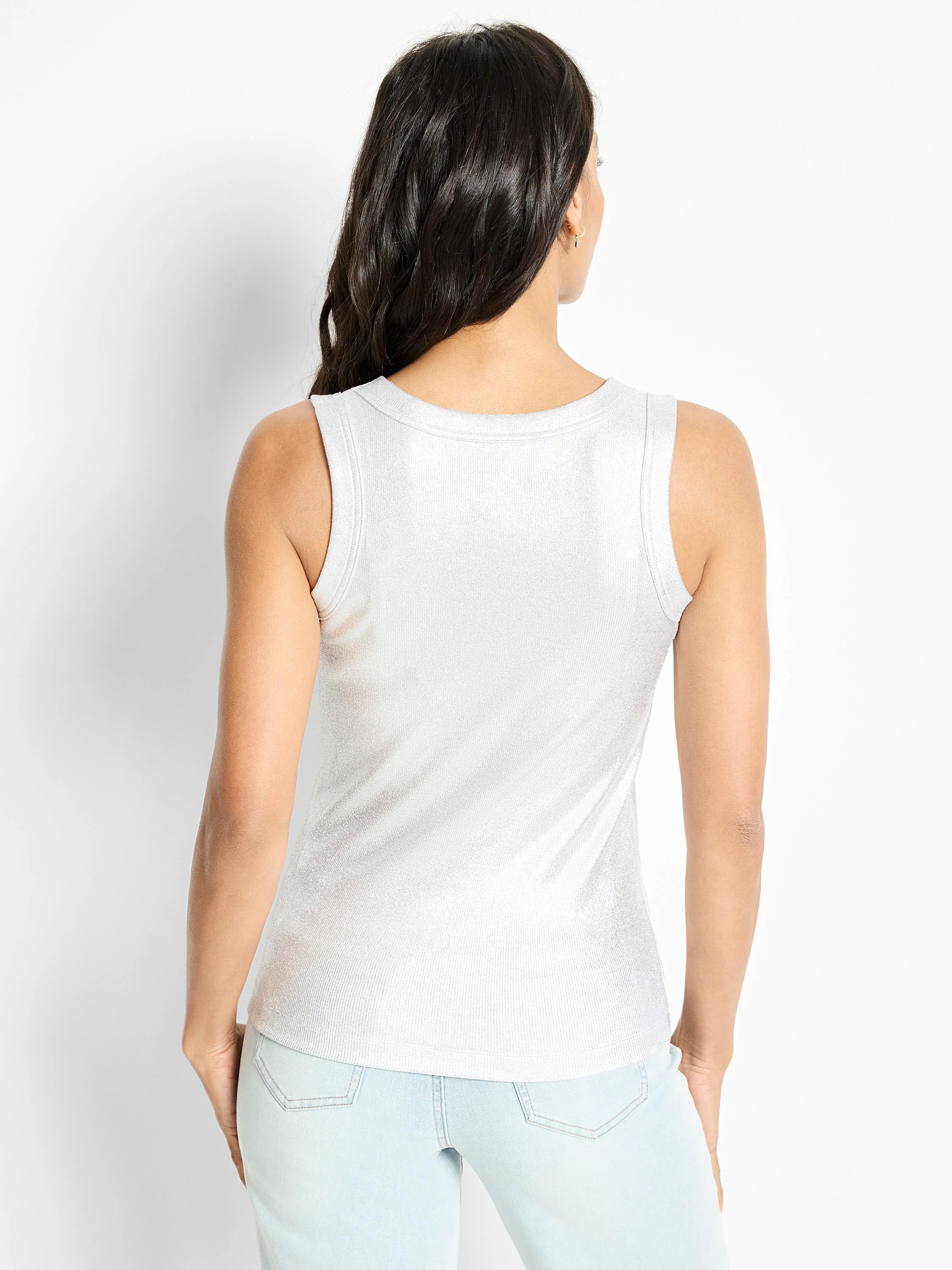 Shimmery silver ribbed tank top, sleeveless.