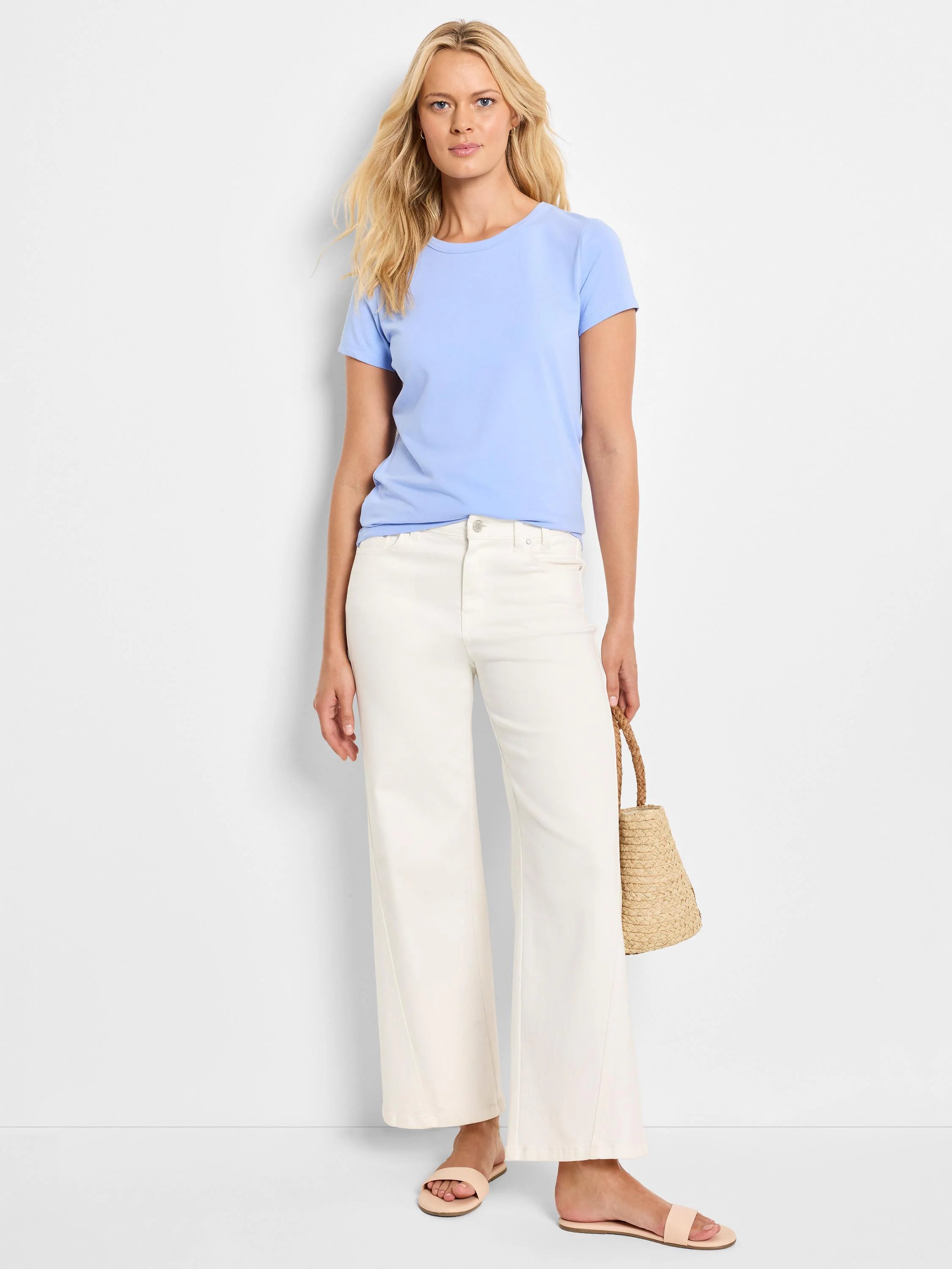 Pale blue knit crew neck t-shirt with short sleeves.