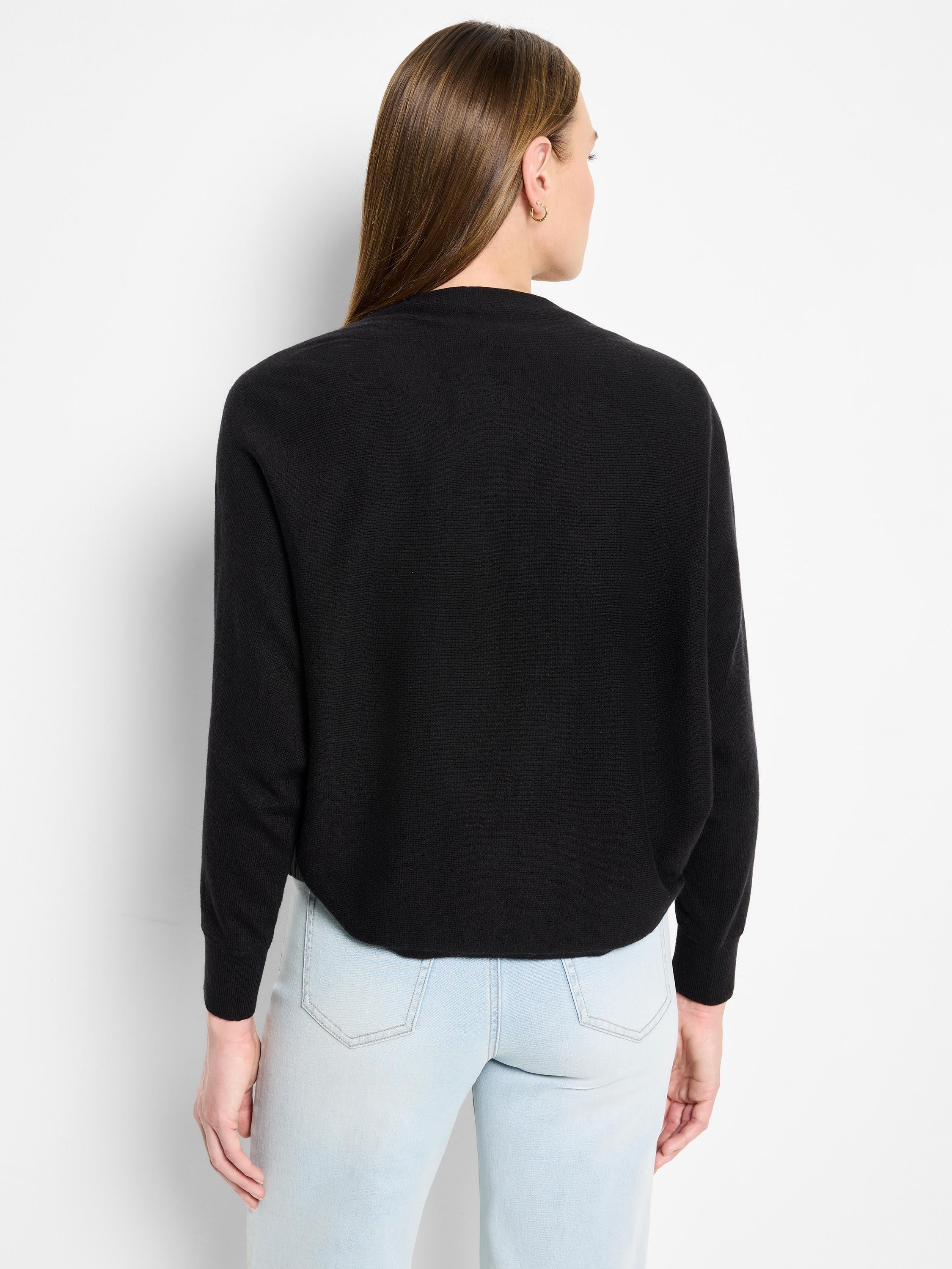 Black, long-sleeved shrug cardigan, shown from the back.