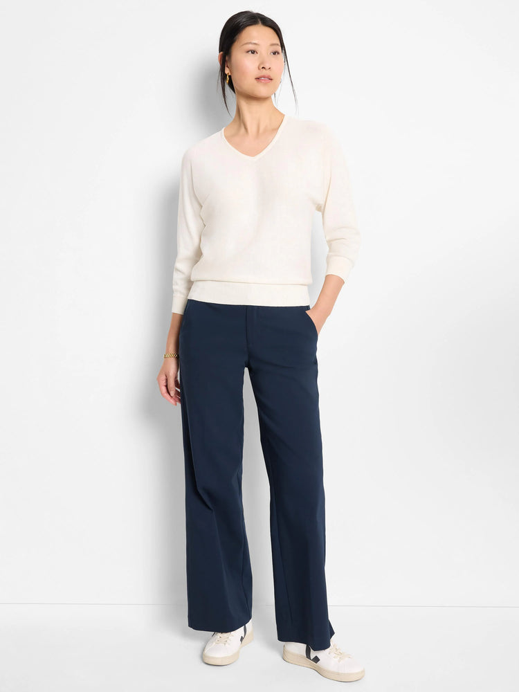 Off-white, V-neck, 3/4 sleeve cotton sweater.