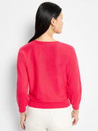 Hot pink, V-neck, three-quarter sleeves, close-fitting.