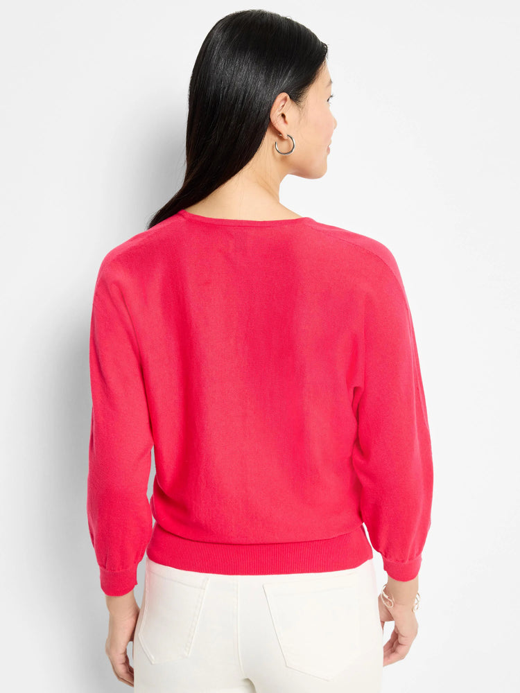 Hot pink, V-neck, three-quarter sleeves, close-fitting.