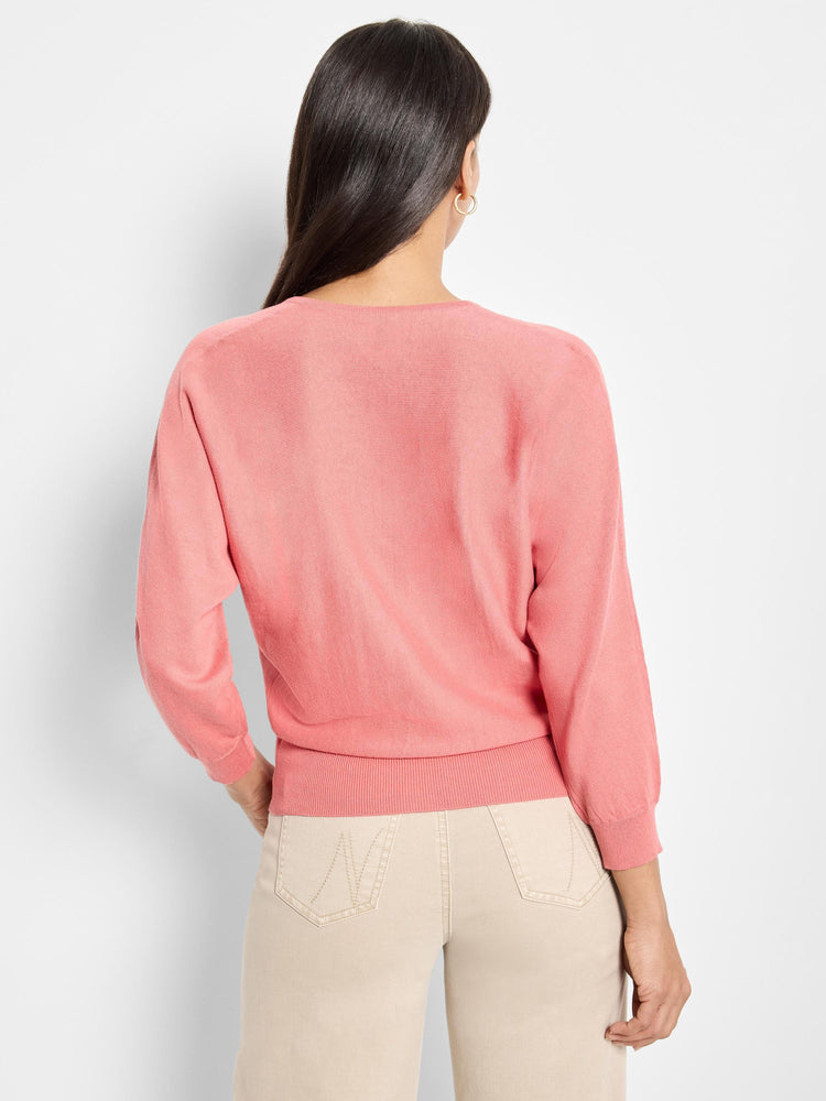 Salmon-pink, V-neck sweater. Three-quarter sleeves, fitted waist.