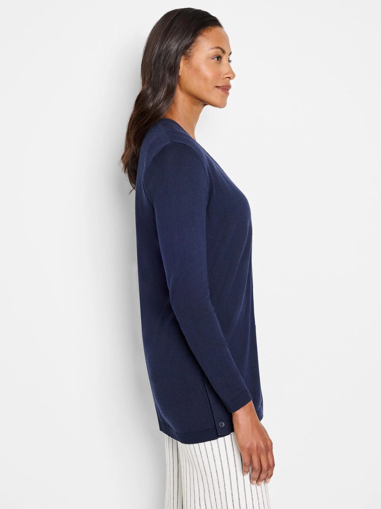 Navy blue, long-sleeved cardigan.  Side view shows a slightly V-shaped neckline and button closure.