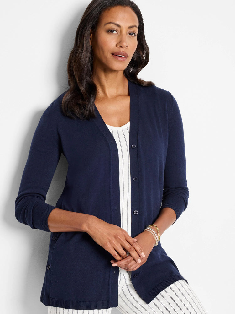 Navy blue, button-front cardigan.  Long sleeves, hip length.