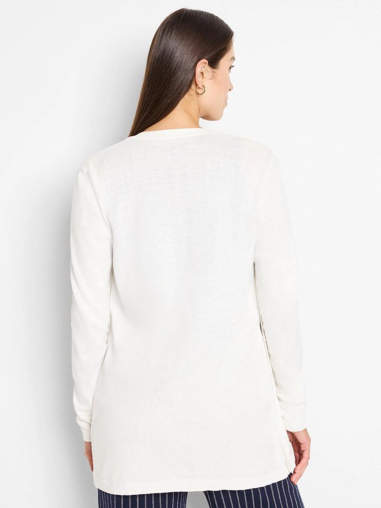 Off-white long-sleeve cardigan, shown from the back.  The cardigan is a simple, solid color with a relaxed fit.