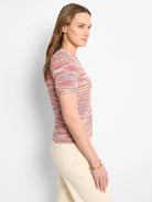 Multicolored short-sleeve knit sweater tee.  Horizontal stripes in pink, orange, blue, and white.