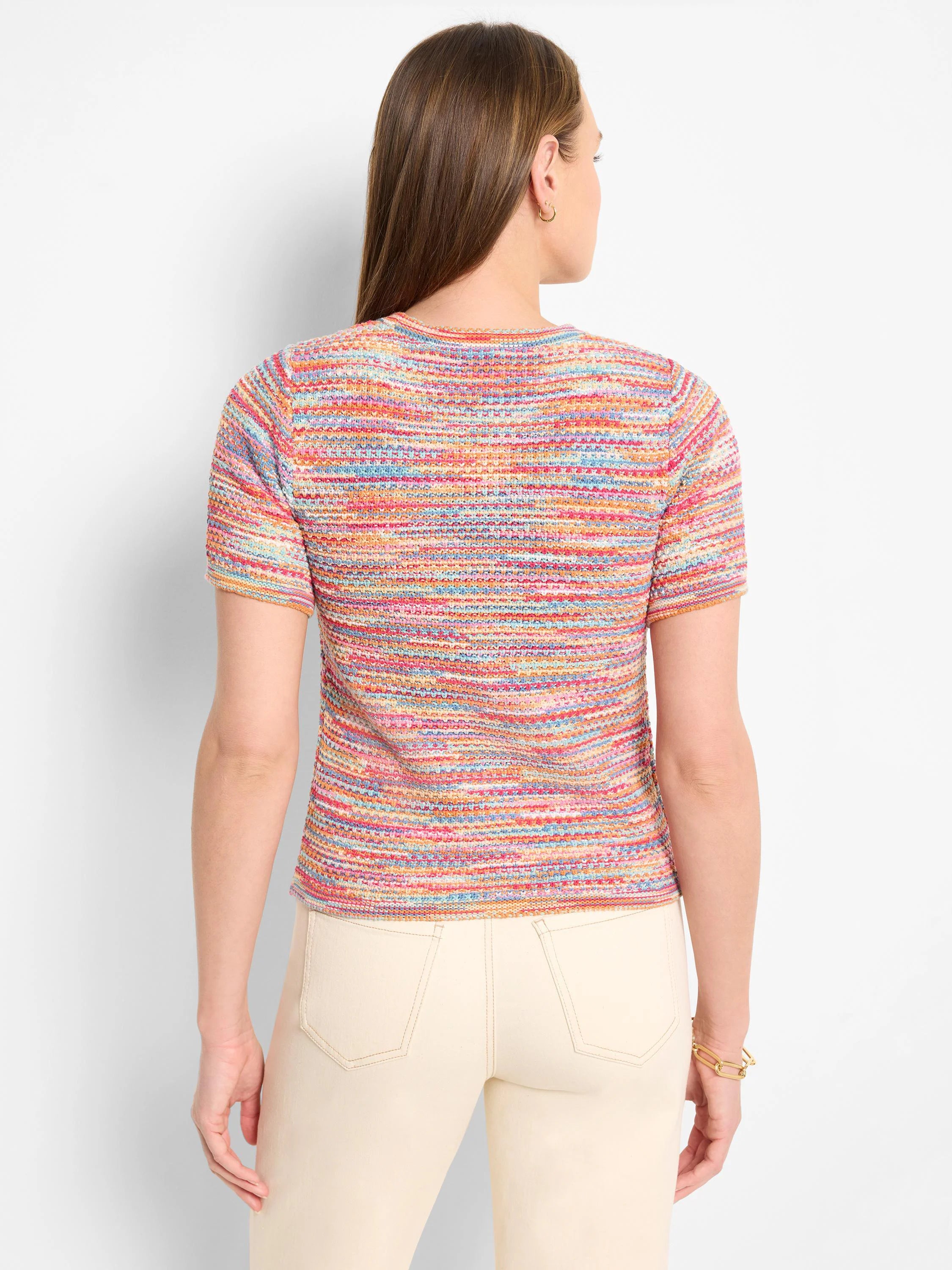 Here's alt text for the image, under 125 characters:

Short-sleeved, multicolored sweater tee.  Horizontal stripes in...